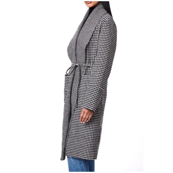 Bernardo Houndstooth Double Face Longline Coat Wool Blend Belted Wrap - Picture 3 of 8